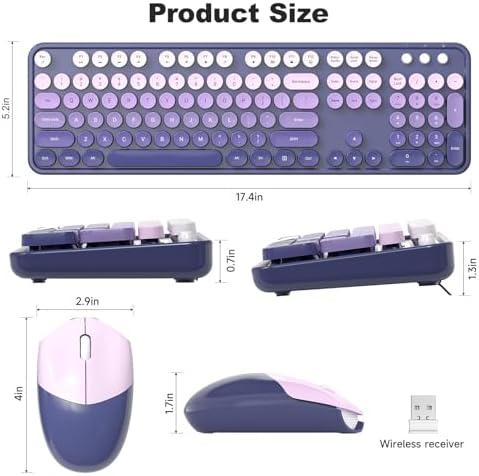 MOFII Wireless Keyboard and Mouse Combo, Full Size 2.4G Plug and Play Typewriter Retro Round Computer Keyboard and Mouse Set for Windows, Computer, Desktop, PC, Notebook - (Purple Gradient)