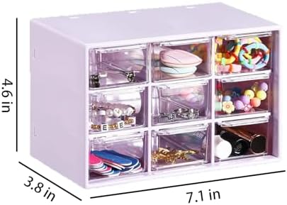 Small Drawer Organizer for Desk, 7.1" x 3. 8" x 4.6" Mini Desktop Drawer Organizer with 9 Clear Drawers, Plastic Desktop Craft Storage Box for Desk Office School Home (Purple)