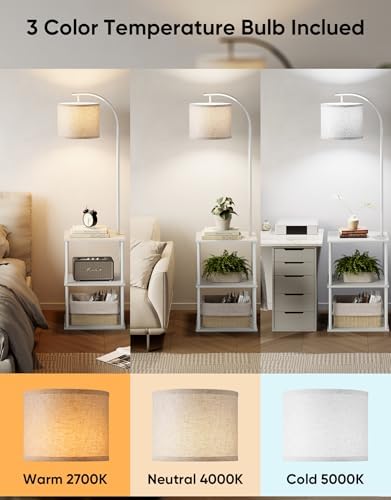 PARTPHONER Floor Lamp with Table, Night Stand with Lamp, Narrow Side Table with 3CCT LED Bulb, Small Coffee Table, Modern End Table with Storage Shelves for Living Room Bedroom Home Décor, White