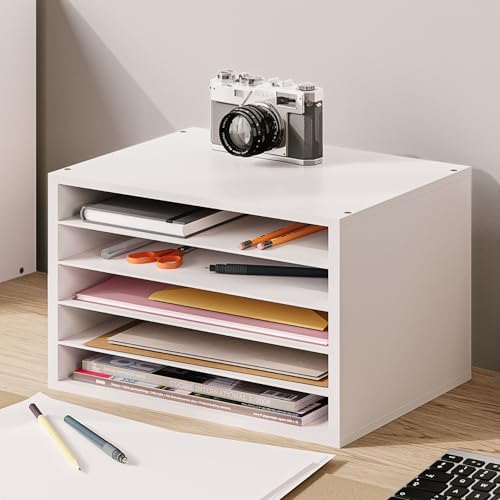 Ballucci 5 Tier Paper Organizer Letter Tray, Wood Desk File Organizer with Adjustable Shelves, Home Office School Letter/A4 Mail Sorter Magazine Holder - White