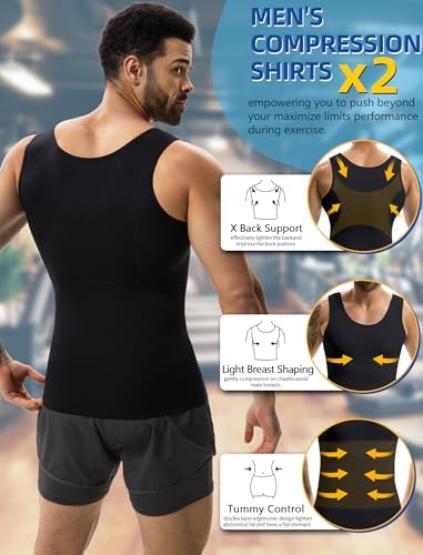 MISS MOLY 2 Pack Compression Shirt Mens Shapewear Tummy Control Posture Corrector Undershirt Tank Sleeveless Top Shaper