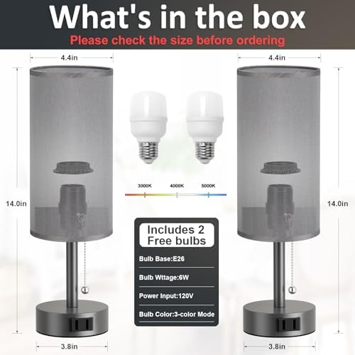 Dark Grey Bedside Table Lamps Set of 2 - Bedroom Lamp for Desk, AC Outlet