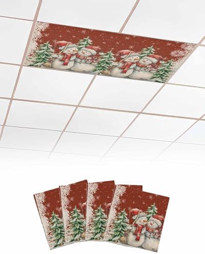 Red Christmas Magnetic Fluorescent Light Covers for Ceiling Lights 2 x 4 Feet,Snowman Snowflakes Green Pine Tree Retro Office Classroom Kitchen Drop Ceiling Light Covers Filters Shade Panel 4 Packs
