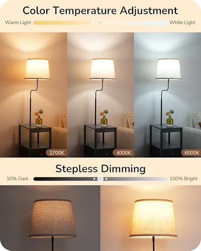 EDISHINE Floor Lamp with Table, Dimmable USB-A+Type-C Ports, Remote, Black