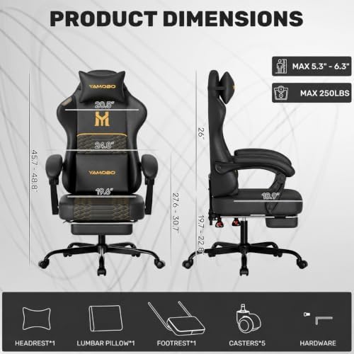 Gaming Chair with Footrest, Ergonomic Video Game Chair with Adjustable Lumbar and Headrest Massage Support,PU Leather High Back Recliner Comfortable for Office, Game and Study, Black