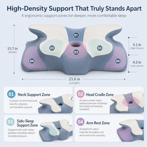 Ergonomic Cervical Memory Foam Pillow for Neck and Shoulder Support, Contour Butterfly Bed Pillow with Breathable Cover, Neck Support Pillow for Side Back and Stomach Sleepers (Blue)