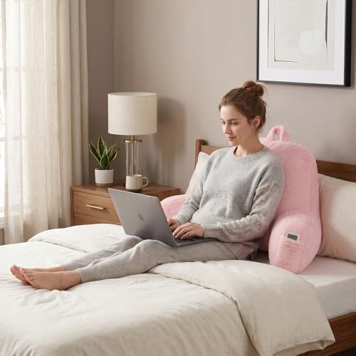 Soft Reading Pillow for Bed with Arms,Middle,Pink,Faux Fur