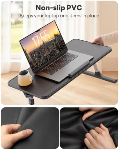 SAIJI PU Leather Laptop Bed Tray Table, Adjustable Laptop Stand with Removable Stopper, Portable Lap Desks with Foldable Legs, Notebook Stand Breakfast Reading Desk for Sofa Couch(Large, Black)