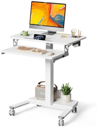 28" Rolling Standing Desk with Keyboard Tray and Podium, White