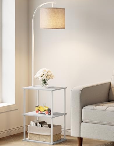 PARTPHONER Floor Lamp with Table, Night Stand with Lamp, Narrow Side Table with 3CCT LED Bulb, Small Coffee Table, Modern End Table with Storage Shelves for Living Room Bedroom Home Décor, White