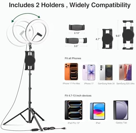 Elitehood 12’’ Ring Light with Tripod Stand (72’’ Tall) & iPad/Phone Holder