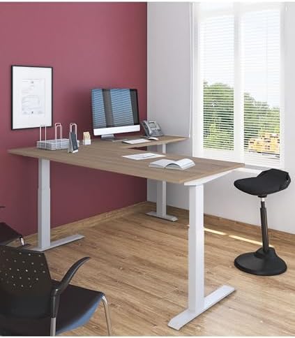 Stand Up Desk Store Triple Motor Electric L-Shaped Corner Standing Desk with EZ Assemble Frame (White Frame/Natural Walnut Top, 71" W x 71" D)