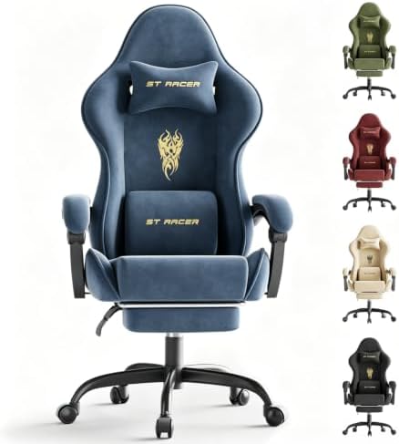 Ferghana Velvet Ergonomic Gaming Chair for Adults, Reclining Racing Computer Desk Chair with Footrest & Massage Lumbar Cushion, Comfortable Home Office Video Game Chair, Grey