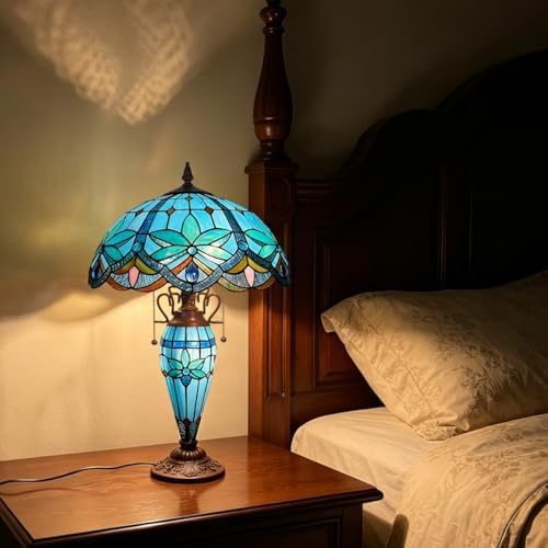 Tiffany Lamp 16 inch Blue Stained Glass Table Lamp with Nightlight