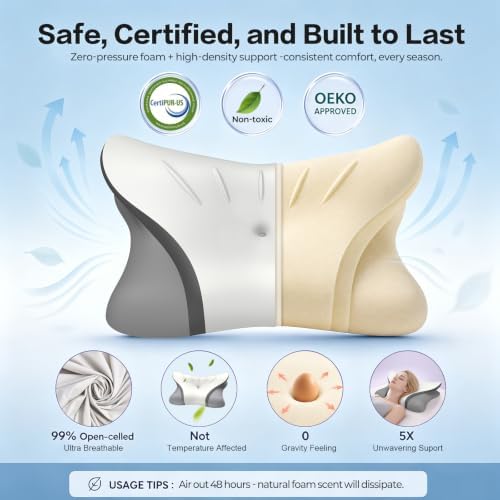 Pain Relief Cervical Neck Pillow, Ergonomic Contour | Q-Max Cooling | Non-Temperature Memory Foam | Side/Back/Stomach Sleeper Support for Sleeping, Reading, Scrolling,(White & Dark Grey)
