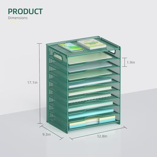 OUTWOLF 10 Tier Paper Organizer - Letter Tray Mesh Desk File Organizer with Handles for Office School Desktop, Green
