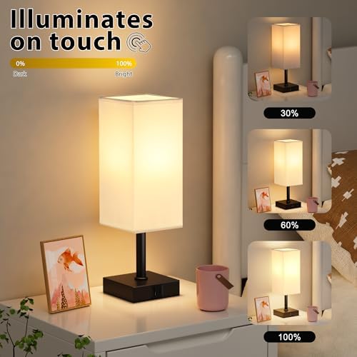 Touch Table Lamp for Bedroom - Dimmable, USB C+A, White Lamphade Black Base