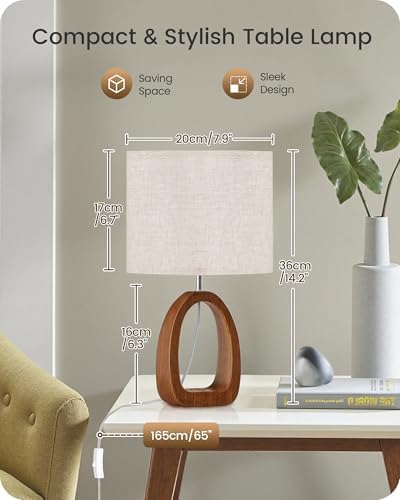 Wood Table Lamps Set of 2, 14.2" Small Bedside Lamp with Beige Linen Lampshade & Dark Pearwood Base, Modern Nightsantd Lamps, Cute Desk Lamp for Small Space, Bedroom, E26 Base, LE07TLP205