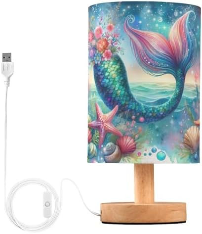 ALAZA Mermaid Moon Star Starfish Ocean Decor Bedside Table Lamp with USB Port for Bedroom Nightstand Office Desk LED Bulb Included