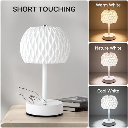 Battery Operated Small Table Lamp, 3 Color Temperatures, Rechargeable, Touch Control, Dimmable Desk Lamp, Cordless LED Night Light for Bedroom Patio Camping Restaurant Home, 9.5 in Height, White