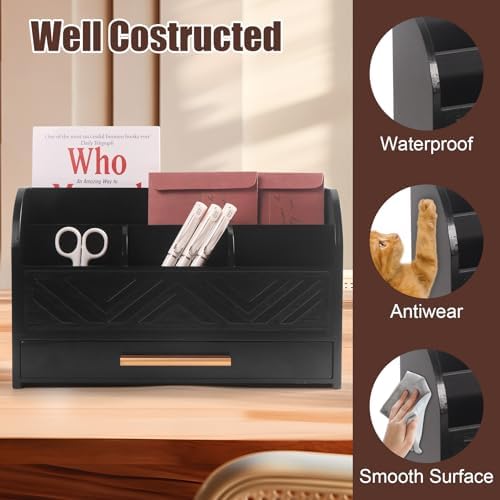 Charmewooden Black Desktop Organizer with Drawer Storage, White Desk Organizer Mail Holder Mail Organizer Countertop Pen Holder Letter Sorter Make up Organizer for School Home Office Supplies