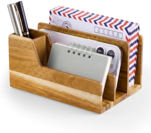 Novabright Acacia Wood Desk Organizer with Pen Holder, 4 Slot Mail Sorter