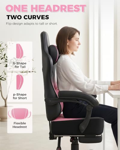 GTPLAYER Big and Tall Gaming Chair with Footrest, Ergonomic Office Desk Chair with 4.4in Thick Cushion and Wide Wingless Seat, Comfortable Leather Computer Chair, Predator Series, Pink Gradient