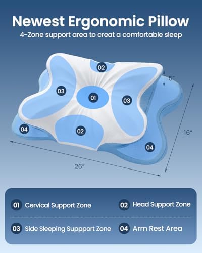 Cervical Pillow for Neck Pain Relief, 4-Height Adjustable Oeko-TEX Memory Foam Contour Pillow for Sleeping, Ergonomic Orthopedic Cooling Neck Pillow for Side Back Stomach Sleepers, Arm Support