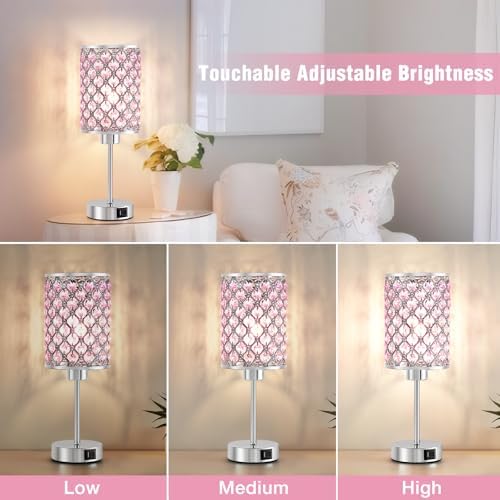 Crystal Table Lamp, Pink Touch Lamp with USB C+A Port, 3-Way Dimmable