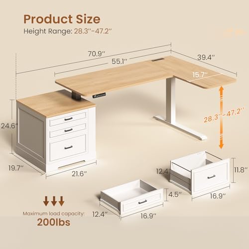 SEDETA Farmhouse L Shaped Electric Standing Desk, 70.9" x 39.4" Height Adjustable Office Executive Desk with 3 Drawers, Standing Computer Desks with Power Outlet for Home Office, Oak