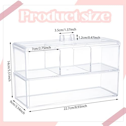 2 Layer Qtip Holder Transparent 3 Compartments Cotton Ball and Swab Holder Organizer with Lid,Jar for Cotton Rounds,Bathroom Containers,Clear Acrylic Desk Organizer for Makeup Pads,Cosmetics Bedroom
