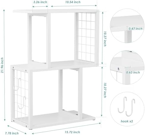 Small Desktop Bookshelf Organizer, White 3-Tier Desk Shelf with Metal Hook Workspace Organizers for Desk Organization and Office Storage Table Bookcase
