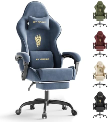 Ferghana Ergonomic Velvet Fabric Gaming Chair with Embroidery Fire, Massage Lumbar Support & Retractable Footrest, Reclining Racing Computer Office Desk Chair for Adults, Grey