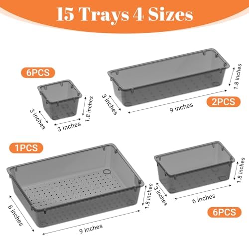 SpaceHacks 15 PCS Plastic Drawer Organizer Set, Drawer Storage Trays