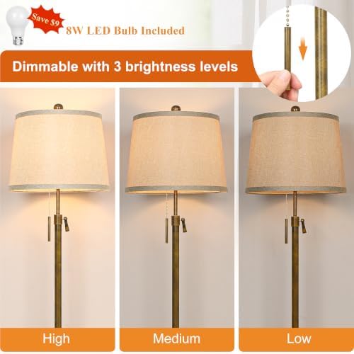 Antique Brass Floor Lamp Adjustable Height 55" to 65" Tall 3 Brightness Way