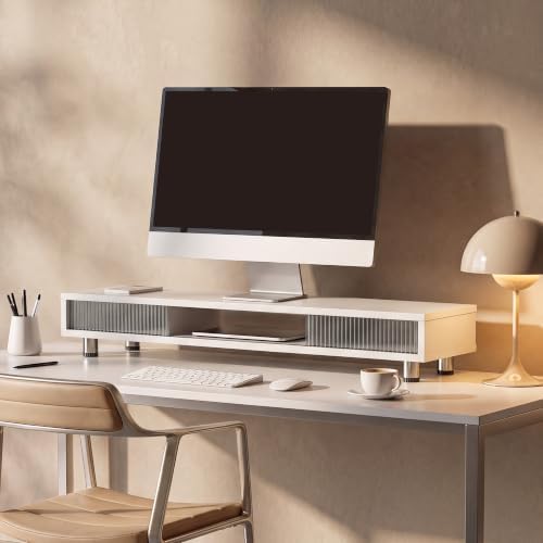 Fenge Dual Monitor Stand with Storage, Desk Shelf with Glass Sliding Door