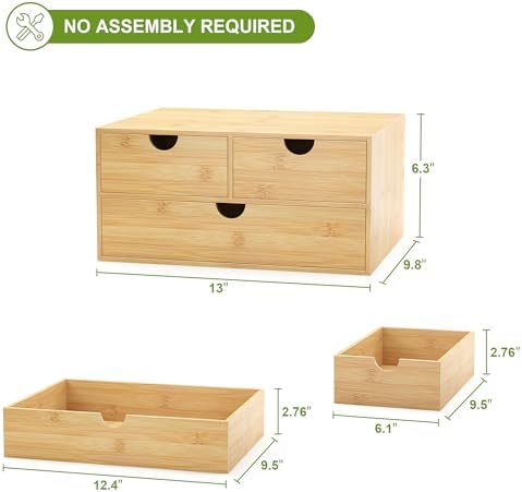 Bamboo Desk Drawer Organizer, Large Desktop Organizer with Drawers Tabletop Storage Organization Box for Office Home Toiletries Supplies Vanity, No Assembly Required (L-3 Drawers)