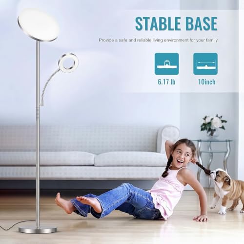 marctronic Brushed Nickel Floor Lamp, 42W 4000LM Brightest LED, Smooth Metallic Body & Anti-Glare, Dimmable Remote/Touch Floor Lamp for Bedroom/Study