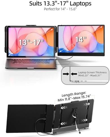 Laptop Screen Extender, 14" FHD 1080P IPS Dual Laptop Monitor Extender, Plug n Play Portable Travel Monitor for Laptops 13.3"-17" with HDMI/USB-A/Type-C, Compatible with Windows Mac Chrome Android