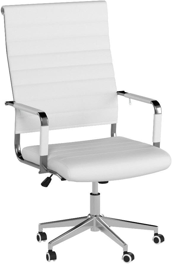 Okeysen White Office Desk Chair, Ergonomic Leather Modern Conference Room Chairs, Executive Ribbed Height Adjustable Swivel Rolling Chair for Home Office.