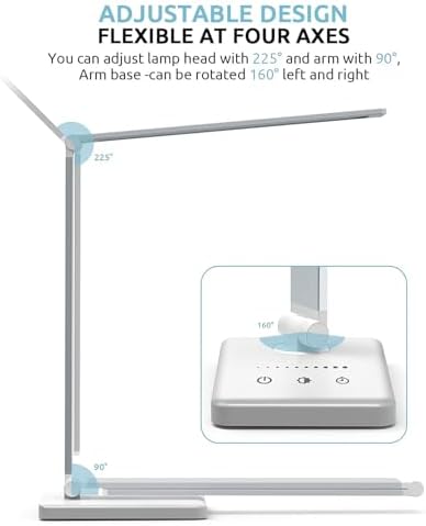 LED Desk Lamp with USB Charging Port, 5 Color Modes, 10 Dimmable Brightness Levels, Eye-Caring Reading Light, Touch Control & 30/60 min Auto Timer, Silver
