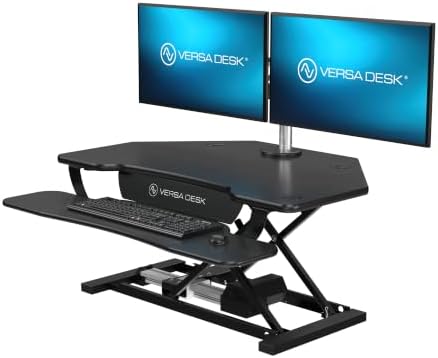 VERSADESK PowerPro 36 Inch Electric Corner Standing Desk Converter, Push-Button Height Adjustable Sit to Stand Desk Riser, Dual Monitor & Laptop Workstation with Keyboard Tray, Black