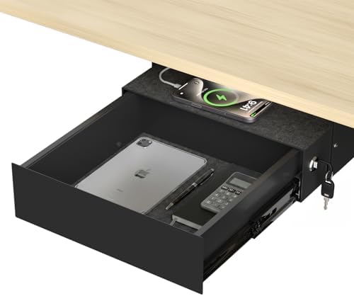 Under Desk Drawer with Lock, 13.8 Inch Slide-Out Metal Storage Drawer,Black