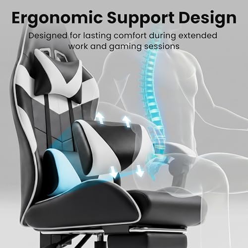Gaming Chair, Ergonomic Footrest, Lumbar & Headrest(Black White)