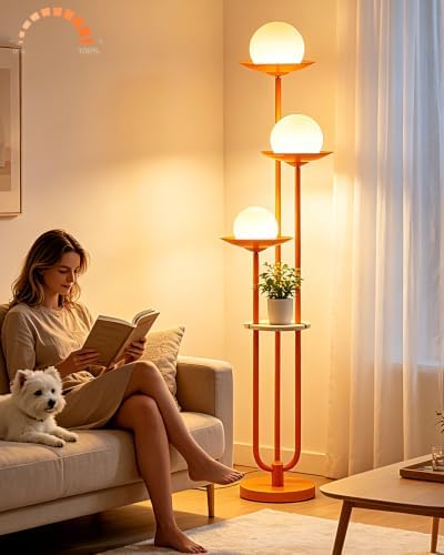 63IN Globe Floor Lamp with Shelf 3-Lights Modern Dimmable Orange Floor Lamps with 3000K Soft Warm White Bulbs for Wedding/Party, Tall Standing Lamp with 5Lbs Heavy Base for Living Room/Bedroom