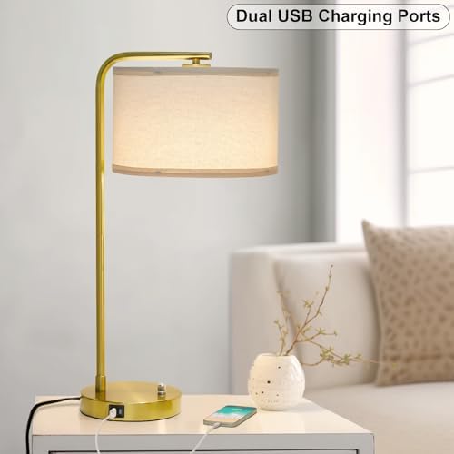 Mordern Gold Table Lamp, Fully Dimmable Bedside Lamp with C+A USB Ports