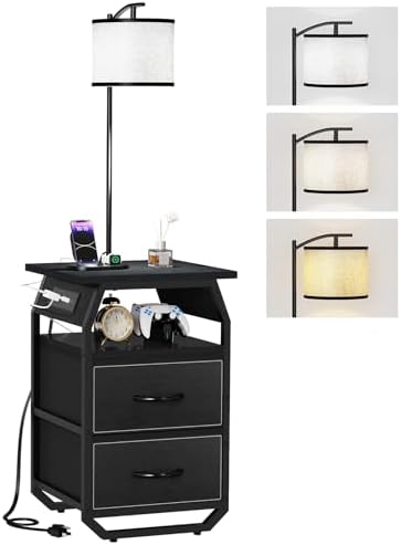 runjuly Floor Lamp with Table, End Table with Charging Station&Light, Black