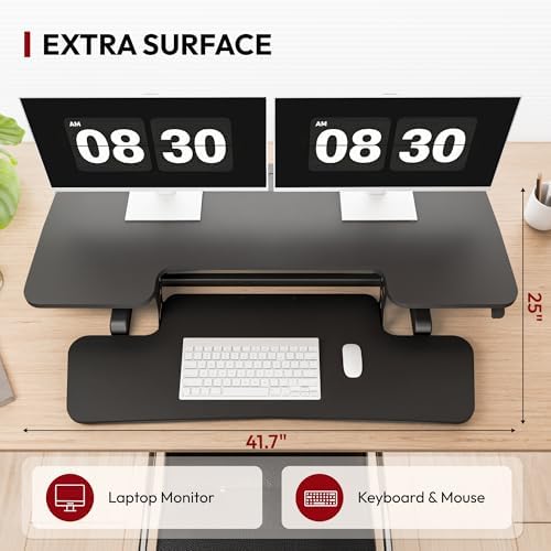 SANODESK 42" Extra Large Standing Desk Converter, Height Adjustable Sit Stand Riser with Wide Keyboard Tray, Dual Monitor Workstation for Home Office, Ergonomic Desktop Riser, Black