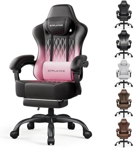 GTPLAYER Big and Tall Gaming Chair with Footrest, Ergonomic Office Desk Chair with 4.4in Thick Cushion and Wide Wingless Seat, Comfortable Leather Computer Chair, Predator Series, Pink Gradient