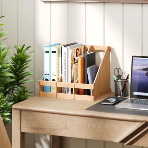 Bamboo Desk File Organizer, 3 Compartment Magazine Holder for Home Office(Nature)